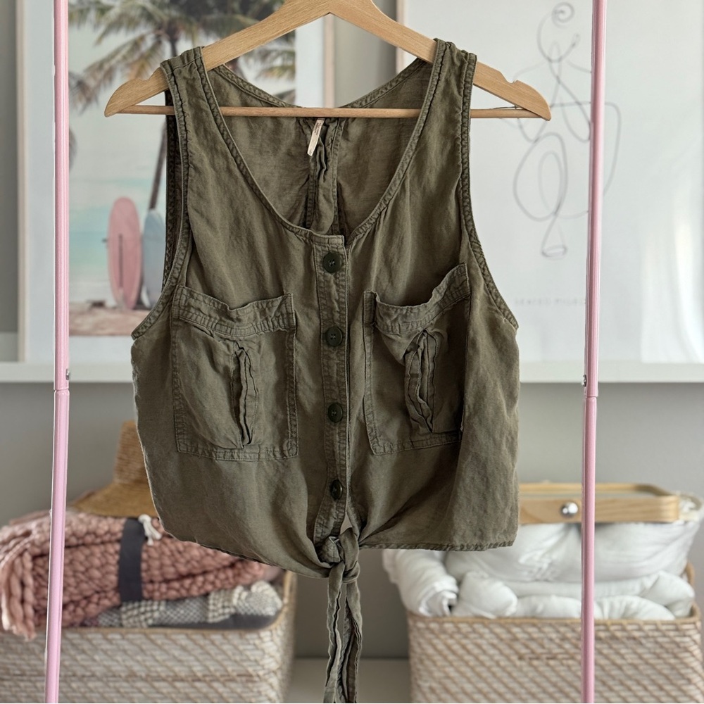 Free People Olive Linen Blend Tie Front Button Tank Top Size L
